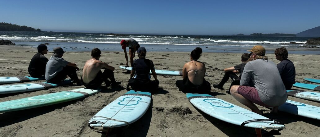 teens sitting on surfboards on a beach